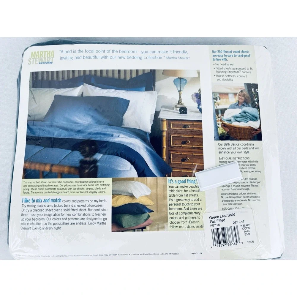 Vintage Martha Stewart Everyday Green Leaf Full Fitted Sheet 1997 NOS